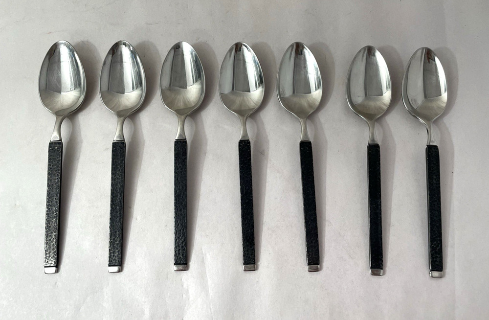 Set of 7 Gorham Casablanca Stainless Teaspoons Black Hammered Handle 6"